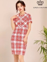 [送料無料][GINZA COUTURE]レッド・ピンク・ブラック・ツイード・チェック・半袖・ミニドレス・ワンピース[即日発送][大きいサイズあり]