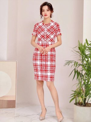 画像11: [送料無料][GINZA COUTURE]ブラック・レッド・ピンク・ツイード・チェック・半袖・ミディアムドレス・ワンピース[即日発送][大きいサイズあり]