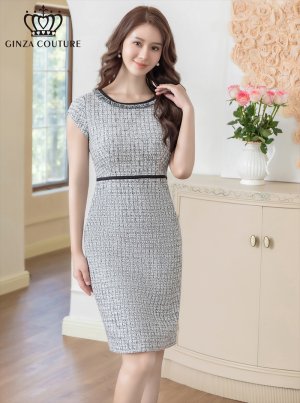 画像1: [送料無料][GINZA COUTURE]グレー・タイト・フレンチスリーブ・ツイード・ミニドレス・ワンピース[即日発送][大きいサイズあり]