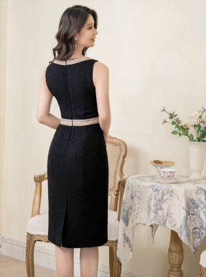 画像3: [送料無料][GINZA COUTURE]ブラック・バイカラー・ノースリーブ・切り替え・ツイード・タイト・ミディアムドレス・ワンピース[即日発送][大きいサイズあり]