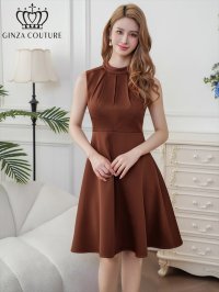 [送料無料][GINZA COUTURE]ブラウン・ワインレッド・イエロー・ロイヤルブルー・ホワイト・無地・シンプル・ノースリーブ・プチハイネック・ハイウエスト・Aライン・膝丈・ミニドレス・ワンピース[即日発送][大きいサイズあり]