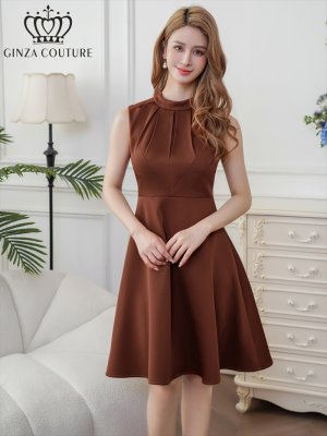 画像1: [送料無料][GINZA COUTURE]ブラウン・ワインレッド・イエロー・ロイヤルブルー・ホワイト・無地・シンプル・ノースリーブ・プチハイネック・ハイウエスト・Aライン・膝丈・ミニドレス・ワンピース[即日発送][大きいサイズあり]