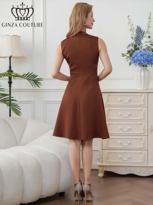 画像9: [送料無料][GINZA COUTURE]ワインレッド・ブラウン・イエロー・ロイヤルブルー・ホワイト・無地・シンプル・ノースリーブ・プチハイネック・ハイウエスト・Aライン・膝丈・ミニドレス・ワンピース[即日発送][大きいサイズあり]