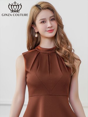 画像10: [送料無料][GINZA COUTURE]ワインレッド・ブラウン・イエロー・ロイヤルブルー・ホワイト・無地・シンプル・ノースリーブ・プチハイネック・ハイウエスト・Aライン・膝丈・ミニドレス・ワンピース[即日発送][大きいサイズあり]