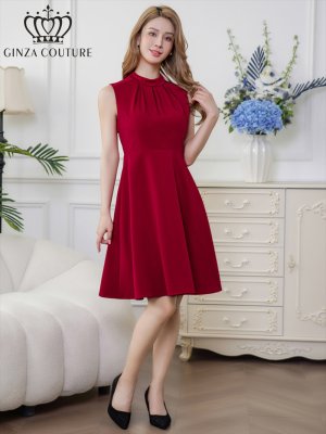 画像1: [送料無料][GINZA COUTURE]ワインレッド・ブラウン・イエロー・ロイヤルブルー・ホワイト・無地・シンプル・ノースリーブ・プチハイネック・ハイウエスト・Aライン・膝丈・ミニドレス・ワンピース[即日発送][大きいサイズあり]