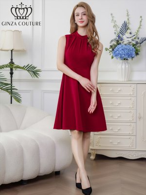 画像5: [送料無料][GINZA COUTURE]ワインレッド・ブラウン・イエロー・ロイヤルブルー・ホワイト・無地・シンプル・ノースリーブ・プチハイネック・ハイウエスト・Aライン・膝丈・ミニドレス・ワンピース[即日発送][大きいサイズあり]