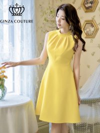 [送料無料][GINZA COUTURE]イエロー・ホワイト・ロイヤルブルー・ワインレッド・ブラウン・シンプル・無地・ノースリーブ・プチハイネック・ハイウエスト・Aライン・膝丈・ミニドレス・ワンピース[即日発送][大きいサイズあり]