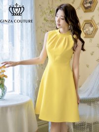 [送料無料][GINZA COUTURE]イエロー・ホワイト・ロイヤルブルー・ワインレッド・ブラウン・シンプル・無地・ノースリーブ・プチハイネック・ハイウエスト・Aライン・膝丈・ミニドレス・ワンピース[即日発送][大きいサイズあり]