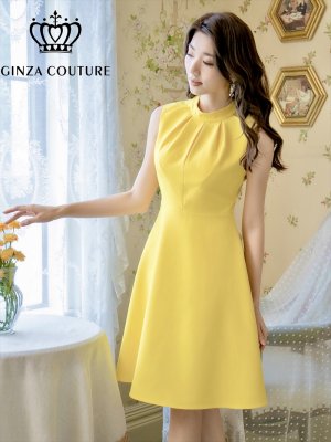 画像1: [送料無料][GINZA COUTURE]イエロー・ホワイト・ロイヤルブルー・ワインレッド・ブラウン・シンプル・無地・ノースリーブ・プチハイネック・ハイウエスト・Aライン・膝丈・ミニドレス・ワンピース[即日発送][大きいサイズあり]