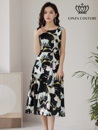 [GINZA COUTURE]ブラック・ホワイト・花柄・フラワープリント・ノースリーブ・Aライン・フレア・ミディアムドレス・ワンピース