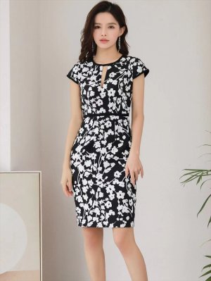 画像3: [送料無料][ERUKEI]ホワイト×ブラック・花柄・切り込みカット・タイト・フレンチリーブ・ミニドレス・ワンピース[即日発送][大きいサイズあり]