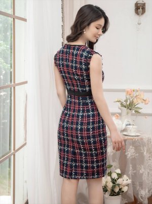 画像9: [送料無料][GINZA COUTURE]ベージュ・ネイビー・レッド・ツイード・チェック・タイト・ノースリーブ・ミディアムドレス・ワンピース[即日発送][大きいサイズあり]
