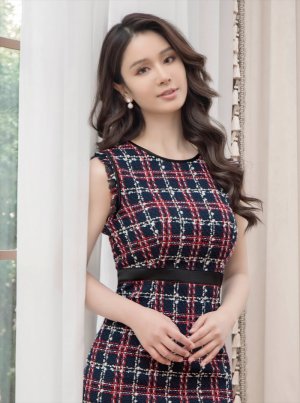 画像10: [送料無料][GINZA COUTURE]ベージュ・ネイビー・レッド・ツイード・チェック・タイト・ノースリーブ・ミディアムドレス・ワンピース[即日発送][大きいサイズあり]