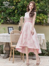 [送料無料][GINZA COUTURE]ピンク×シルバー・ネイビー・レッド・ジャガード・アシメントリー・ノースリーブ・フラワープリント・Aライン・ミディアムドレス・ワンピース[即日発送][大きいサイズあり]
