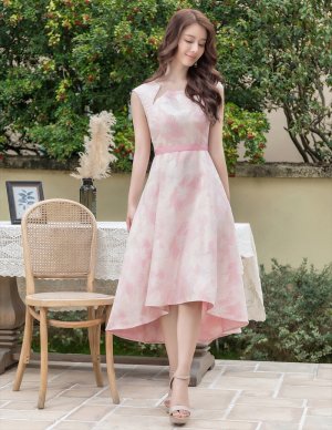 画像5: [送料無料][GINZA COUTURE]ピンク×シルバー・ネイビー・レッド・ジャガード・アシメントリー・ノースリーブ・フラワープリント・Aライン・ミディアムドレス・ワンピース[即日発送][大きいサイズあり]