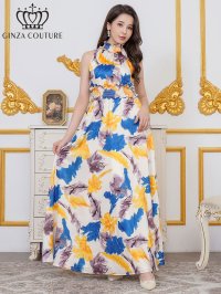 [送料無料][GINZA COUTURE]ホワイト×イエロー・ペイント柄・プリント・サテン・首元フリル・ウエストマーク・アメリカンスリーブ・マキシ・Aライン・ロングドレス[即日発送][大きいサイズあり]