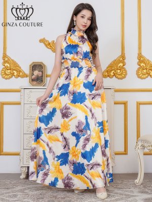 画像1: [送料無料][GINZA COUTURE]ホワイト×イエロー・ペイント柄・プリント・サテン・首元フリル・ウエストマーク・アメリカンスリーブ・マキシ・Aライン・ロングドレス[即日発送][大きいサイズあり]