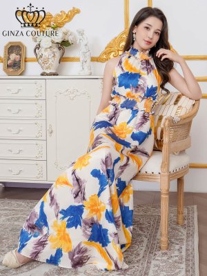 画像6: [送料無料][GINZA COUTURE]ホワイト×イエロー・ペイント柄・プリント・サテン・首元フリル・ウエストマーク・アメリカンスリーブ・マキシ・Aライン・ロングドレス[即日発送][大きいサイズあり]