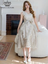 [送料無料][GINZA COUTURE]ベージュ・総レース・vネック・ノースリーブ・Aライン・ミディアムドレス・ワンピース[即日発送][大きいサイズあり]