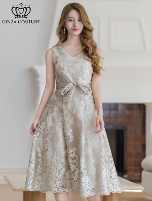 画像10: [送料無料][GINZA COUTURE]アンゴラレッド・ベージュ・総レース・Vネック・ノースリーブ・リボンベルト・Aライン・ミディアムドレス・ワンピース[即日発送][大きいサイズあり]