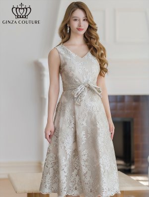 画像11: [送料無料][GINZA COUTURE]アンゴラレッド・ベージュ・総レース・Vネック・ノースリーブ・リボンベルト・Aライン・ミディアムドレス・ワンピース[即日発送][大きいサイズあり]