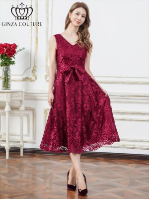 画像1: [送料無料][GINZA COUTURE]アンゴラレッド・ベージュ・総レース・Vネック・ノースリーブ・リボンベルト・Aライン・ミディアムドレス・ワンピース[即日発送][大きいサイズあり]