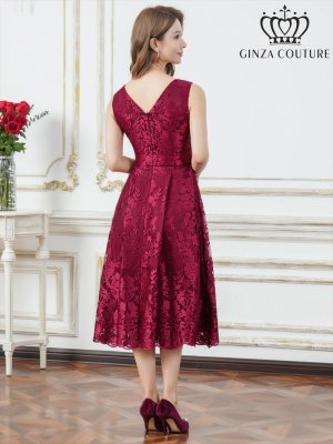 画像3: [送料無料][GINZA COUTURE]アンゴラレッド・ベージュ・総レース・Vネック・ノースリーブ・リボンベルト・Aライン・ミディアムドレス・ワンピース[即日発送][大きいサイズあり]