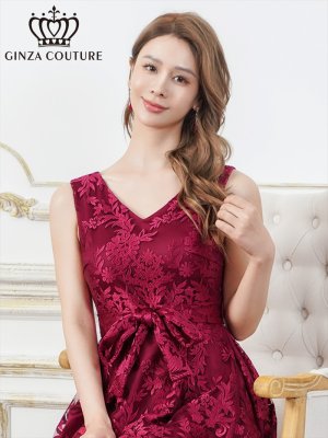 画像4: [送料無料][GINZA COUTURE]アンゴラレッド・ベージュ・総レース・Vネック・ノースリーブ・リボンベルト・Aライン・ミディアムドレス・ワンピース[即日発送][大きいサイズあり]