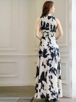 画像3: [送料無料][GINZA COUTURE]ベージュ×ブラック・プリント・サテン・首元フリル・ウエストマーク・マキシ・アメリカンスリーブ・Aライン・ロングドレス[即日発送][大きいサイズあり]