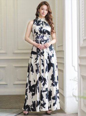 画像5: [送料無料][GINZA COUTURE]ベージュ×ブラック・プリント・サテン・首元フリル・ウエストマーク・マキシ・アメリカンスリーブ・Aライン・ロングドレス[即日発送][大きいサイズあり]