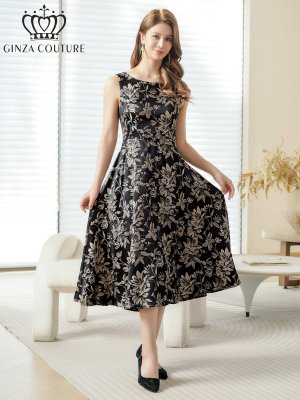 画像1: [送料無料][GINZA COUTURE]ブラック・ピンク・グレー・花柄・ジャガード・ノースリーブ・Aライン・ミディアムドレス・ワンピース[即日発送][大きいサイズあり]
