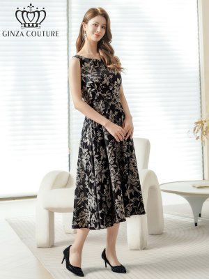 画像2: [送料無料][GINZA COUTURE]ブラック・ピンク・グレー・花柄・ジャガード・ノースリーブ・Aライン・ミディアムドレス・ワンピース[即日発送][大きいサイズあり]