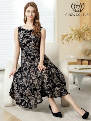 画像6: [送料無料][GINZA COUTURE]ブラック・ピンク・グレー・花柄・ジャガード・ノースリーブ・Aライン・ミディアムドレス・ワンピース[即日発送][大きいサイズあり]