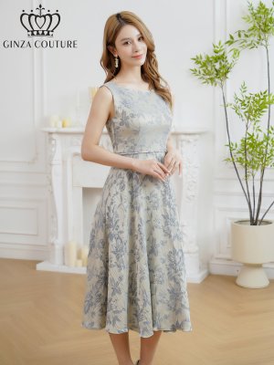 画像2: [送料無料][GINZA COUTURE]グレー・ピンク・ブラック・花柄・ジャガード・ノースリーブ・Aライン・ミディアムドレス・ワンピース[即日発送][大きいサイズあり]