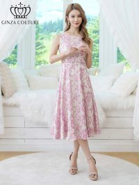[送料無料][GINZA COUTURE]ピンク・グレー・ブラック・花柄・ジャガード・ノースリーブ・Aライン・ミディアムドレス・ワンピース[即日発送][大きいサイズあり]