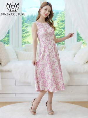画像8: [送料無料][GINZA COUTURE]グレー・ピンク・ブラック・花柄・ジャガード・ノースリーブ・Aライン・ミディアムドレス・ワンピース[即日発送][大きいサイズあり]