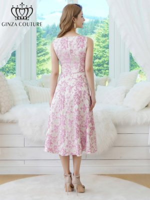 画像9: [送料無料][GINZA COUTURE]グレー・ピンク・ブラック・花柄・ジャガード・ノースリーブ・Aライン・ミディアムドレス・ワンピース[即日発送][大きいサイズあり]