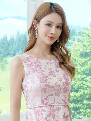 画像10: [送料無料][GINZA COUTURE]グレー・ピンク・ブラック・花柄・ジャガード・ノースリーブ・Aライン・ミディアムドレス・ワンピース[即日発送][大きいサイズあり]