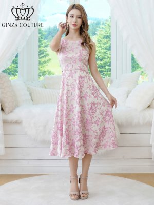 画像11: [送料無料][GINZA COUTURE]グレー・ピンク・ブラック・花柄・ジャガード・ノースリーブ・Aライン・ミディアムドレス・ワンピース[即日発送][大きいサイズあり]