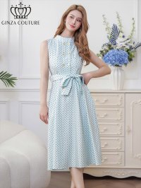 [送料無料][GINZA COUTURE]グリーン・ホワイト・ドット・金ボタン・ポケット・リボンベルト・ノースリーブ・Aライン・ミディアムドレス・ワンピース[即日発送][大きいサイズあり]