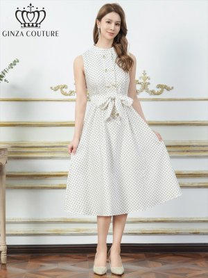 画像7: [送料無料][GINZA COUTURE]グリーン・ホワイト・ドット・金ボタン・ポケット・リボンベルト・ノースリーブ・Aライン・ミディアムドレス・ワンピース[即日発送][大きいサイズあり]