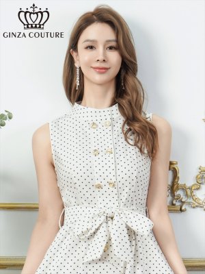 画像4: [送料無料][GINZA COUTURE]ホワイト・グリーン・ドット・金ボタン・ポケット・リボンベルト・ノースリーブ・Aライン・ミディアムドレス・ワンピース[即日発送][大きいサイズあり]