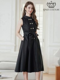 [送料無料][GINZA COUTURE]ブラック・ワインレッド・ブラウン・ピンク・ドット・ボタン・ノースリーブ・Aライン・ミディアムドレス・ワンピース[即日発送][大きいサイズあり]