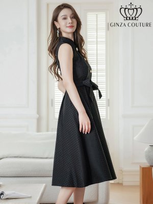 画像2: [送料無料][GINZA COUTURE]ブラック・ワインレッド・ブラウン・ピンク・ドット・ボタン・ノースリーブ・Aライン・ミディアムドレス・ワンピース[即日発送][大きいサイズあり]