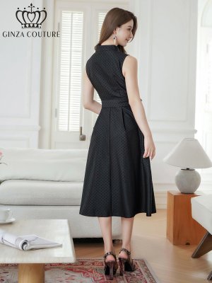 画像3: [送料無料][GINZA COUTURE]ブラック・ワインレッド・ピンク・ブラウン・ドット・金ボタン・ポケット・リボンベルト・ノースリーブ・Aライン・ミディアムドレス・ワンピース[即日発送][大きいサイズあり]