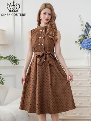 画像1: [送料無料][GINZA COUTURE]ブラウン・ブラック・ワインレッド・ピンク・ドット・金ボタン・ポケット・リボンベルト・ノースリーブ・Aライン・ミディアムドレス・ワンピース[即日発送][大きいサイズあり]