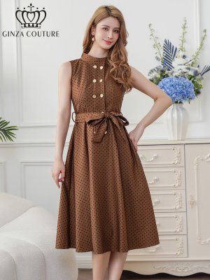 画像2: [送料無料][GINZA COUTURE]ブラウン・ブラック・ワインレッド・ピンク・ドット・金ボタン・ポケット・リボンベルト・ノースリーブ・Aライン・ミディアムドレス・ワンピース[即日発送][大きいサイズあり]