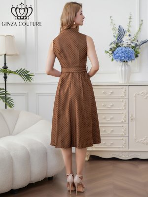 画像19: [送料無料][GINZA COUTURE]ブラック・ワインレッド・ピンク・ブラウン・ドット・金ボタン・ポケット・リボンベルト・ノースリーブ・Aライン・ミディアムドレス・ワンピース[即日発送][大きいサイズあり]