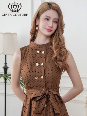 画像20: [送料無料][GINZA COUTURE]ブラック・ワインレッド・ピンク・ブラウン・ドット・金ボタン・ポケット・リボンベルト・ノースリーブ・Aライン・ミディアムドレス・ワンピース[即日発送][大きいサイズあり]