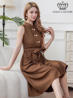 画像6: [送料無料][GINZA COUTURE]ブラウン・ブラック・ワインレッド・ピンク・ドット・金ボタン・ポケット・リボンベルト・ノースリーブ・Aライン・ミディアムドレス・ワンピース[即日発送][大きいサイズあり]